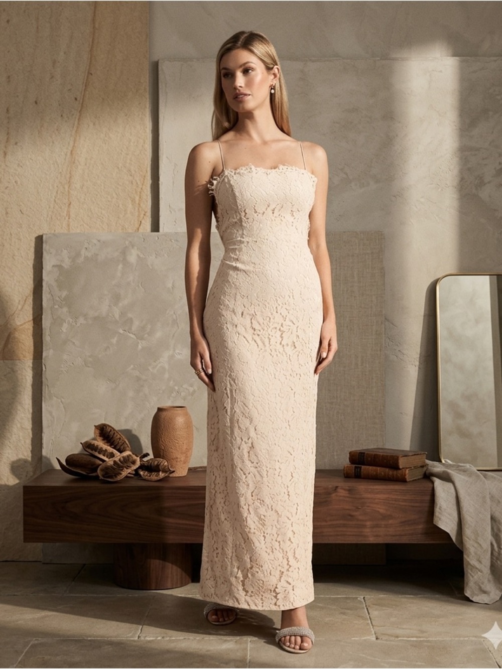 BHLDN Fame and Partners Rain Lace Column Dress Champagne Size 4 NWT